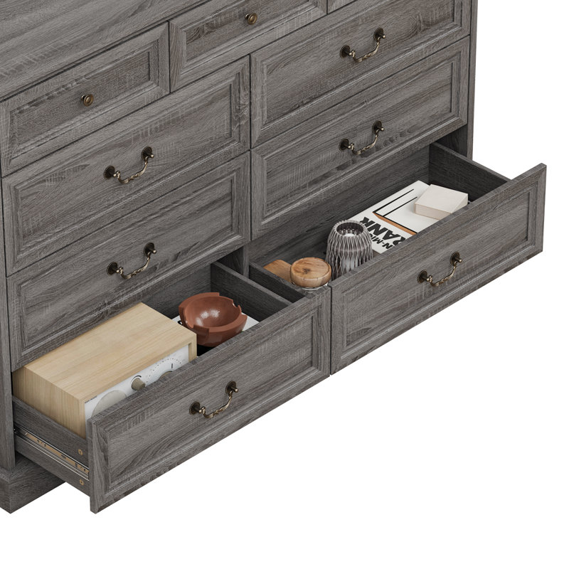 Commode de rangement classique à 9 tiroirs, Gris / grain de bois gris