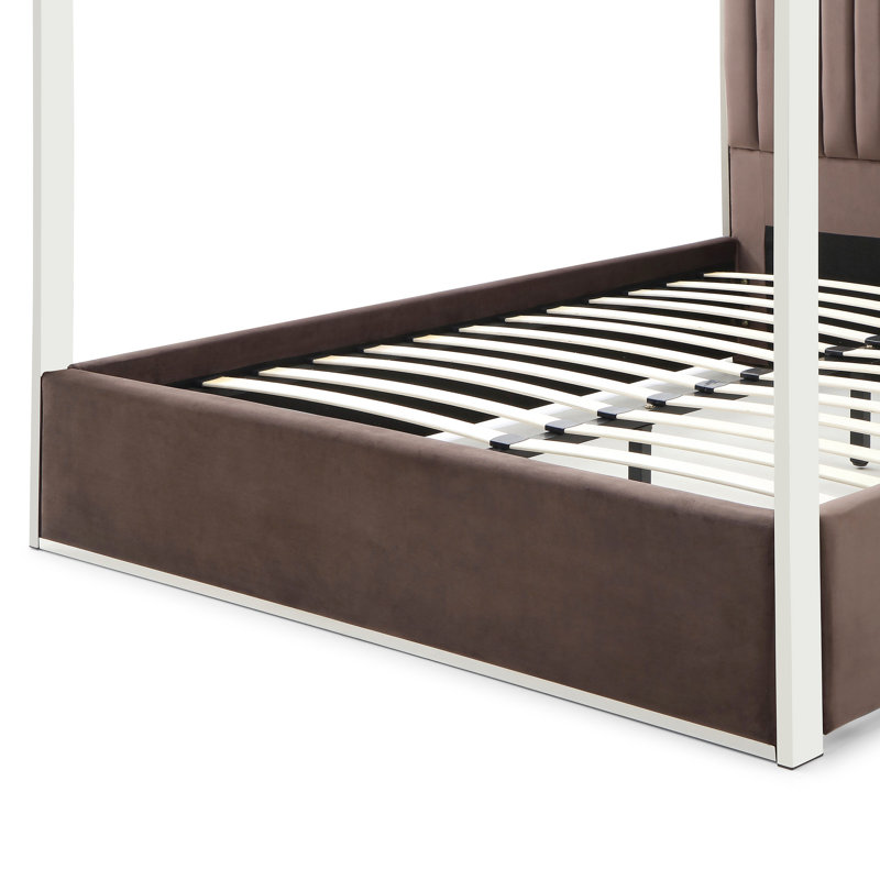 Jeffrey Canopy Velvet Upholstered King Bed Frame In Dark Brown, King, Dark Brown