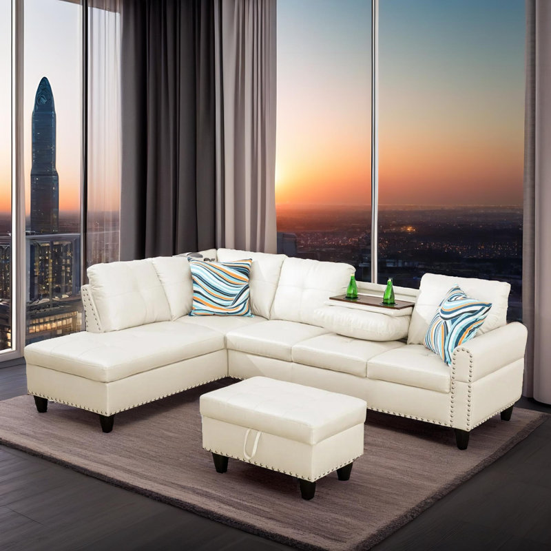 Ensemble de canapé modulaire 3 pièces en similicuir blanc ardoise, Microfibre blanche, Orienté à gauche (vu de face)