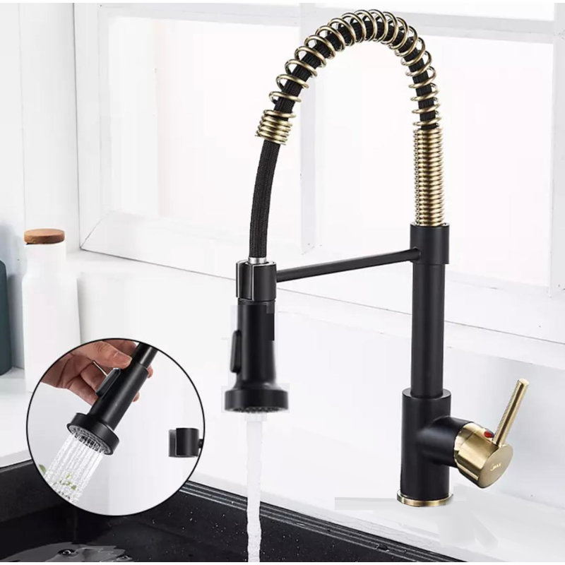 Robinets MAX | ROBINET DE CUISINE SPIRALE FLEXIBLE 16,5 po, Noir mat / or
