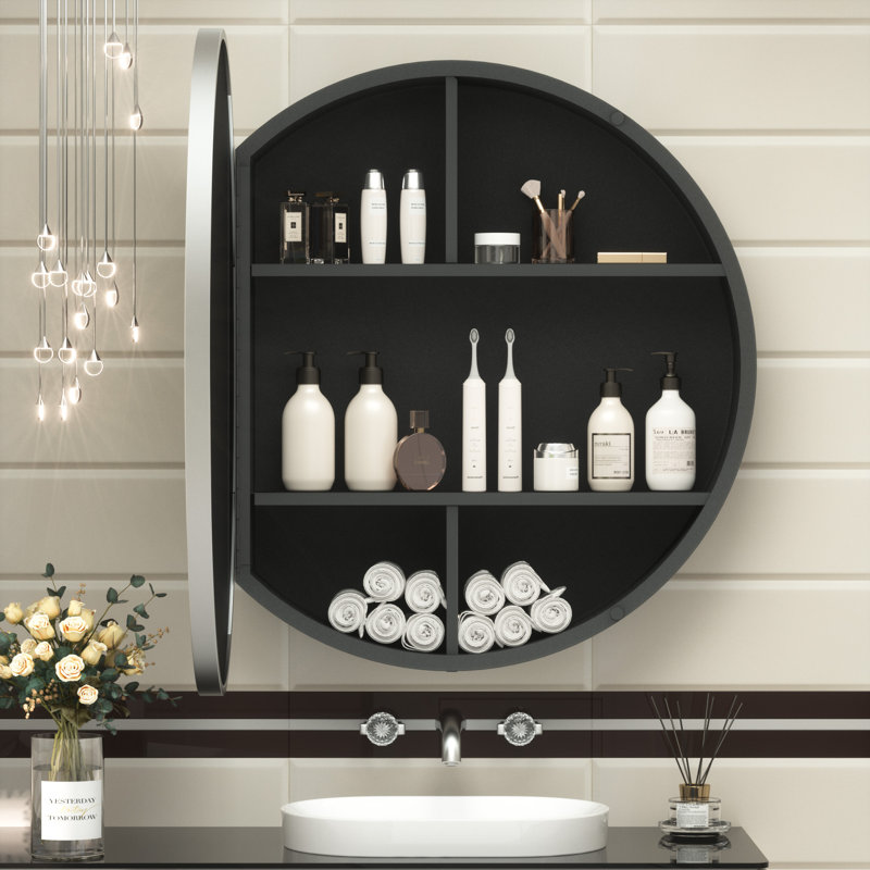 Pharmacie murale ronde avec tablettes Gervon, H 28 po x l 28 po x P 6 po, Argent argent