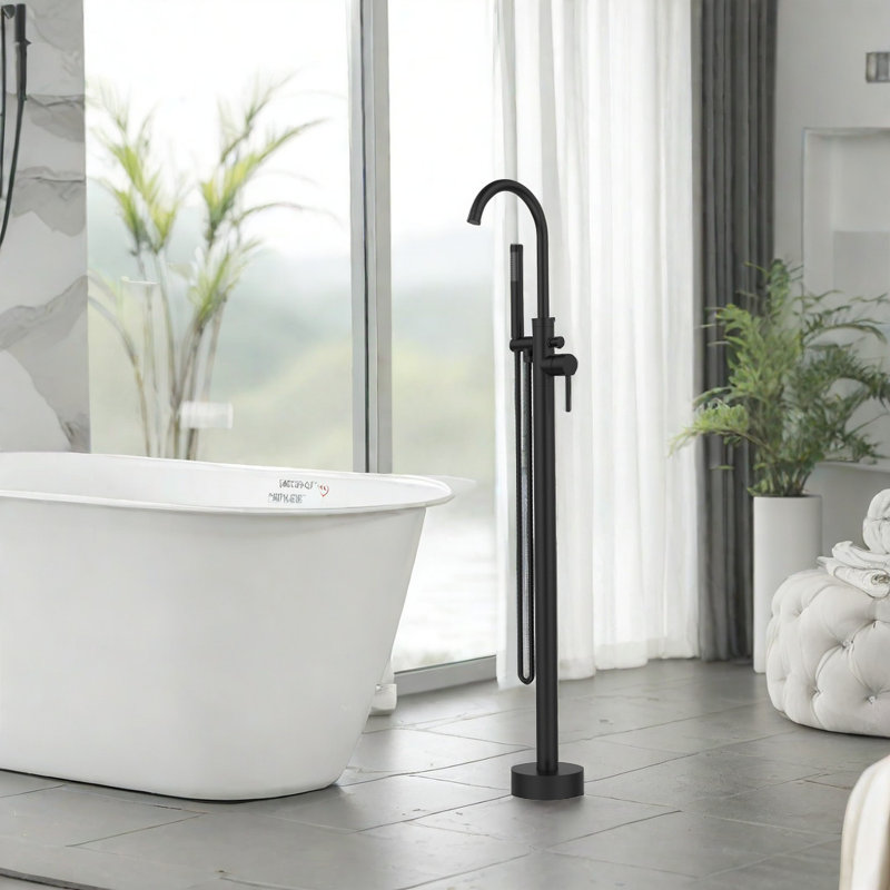 Floor Mounted with Handheld Shower  Waterfall Tub Faucet Floor Mount Bathroom Tub Filler Mixer Tap, Matte Black