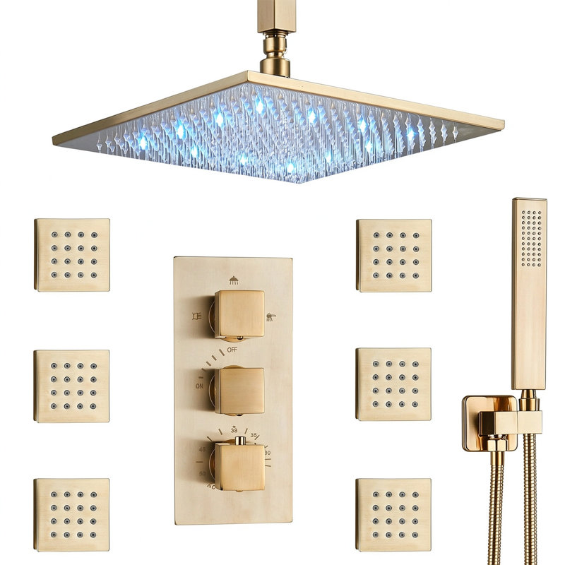 Système de douche à pluie à fixation au plafond 12 pouces à DEL avec 6 jets de corps et douchette, valve à pression équilibrée dissimulée, or brossé