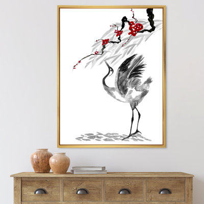 " Japanese Cranes Bird Drawing With Red Flowers " Painting Print