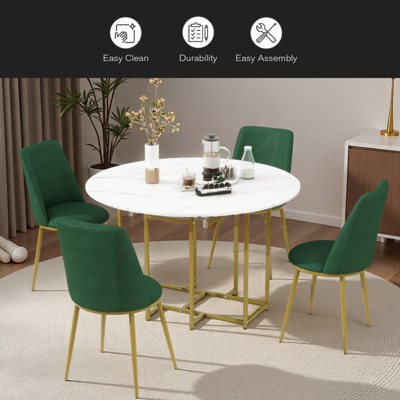 Ensemble de table de salle à manger extensible 5 pièces pour petits espaces - plateau rond en faux marbre avec structure noire, 4 chaises rembourrées, conception pliable compacte