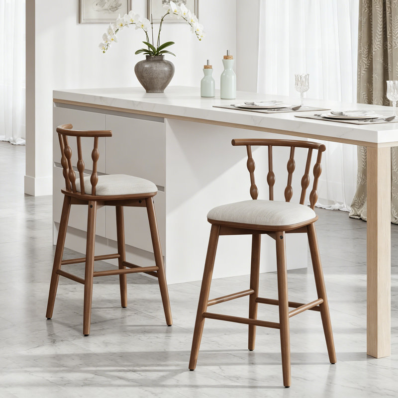 Wooden Upholstery Barstool, Set Of 2, Walnut, Beige