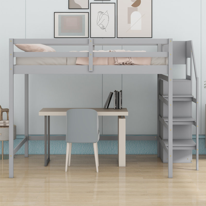 Loft Bed With Built-In Storage Wardrobe And Staircase, Gray