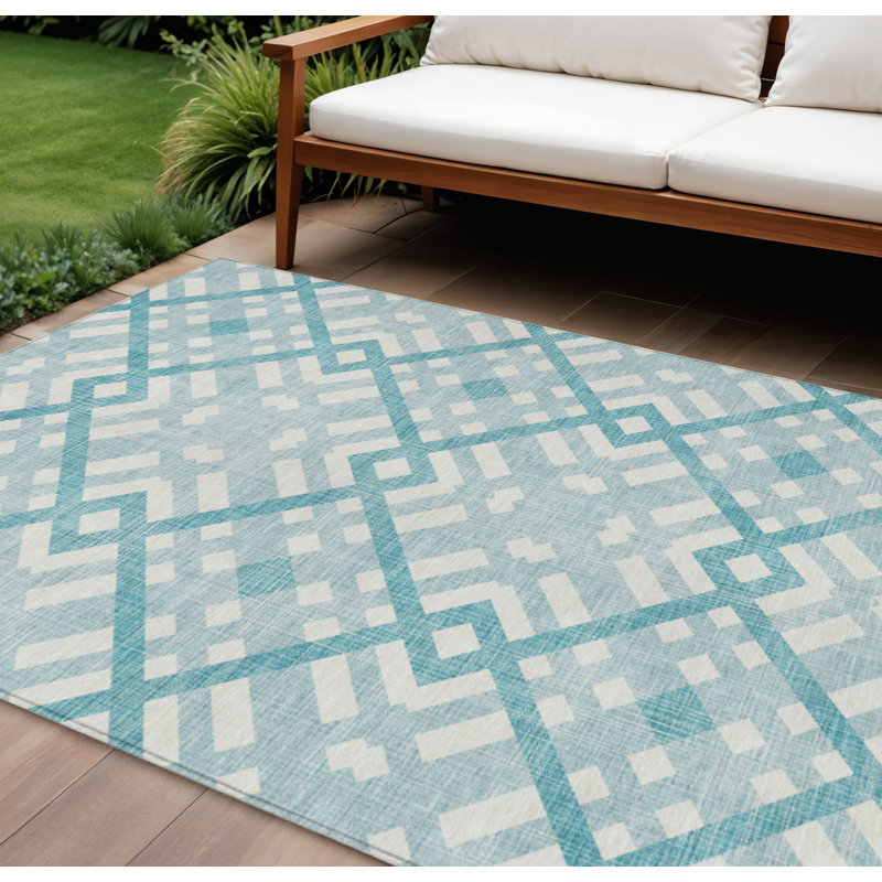 Tapis extérieur lavable bleu sarcelle 9 pi x 12 pi bleu turquoise et ivoire