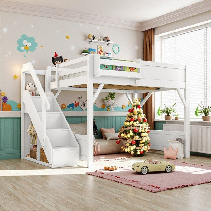 Lit mezzanine double en bois massif Unarosel avec garde-robe intégré, tablettes et escaliers, Lit double, Blanc clair