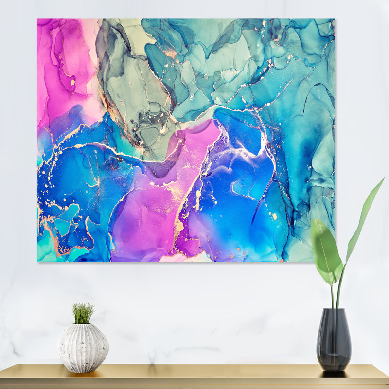 Art abstrait liquide rose et mauve III - reproduction sur toile, H 34 po x l 44 po x P 1,5 po, Toile tendue