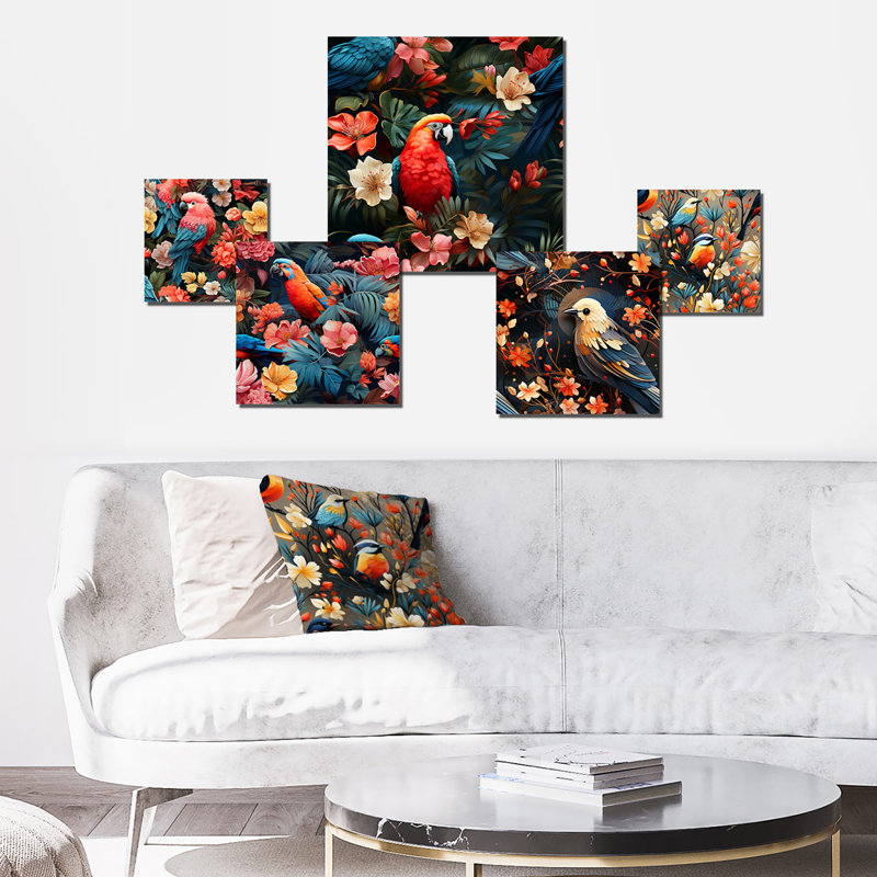 Tropical Sunset Parrots Metal Wall Art Set in Vibrant Colors