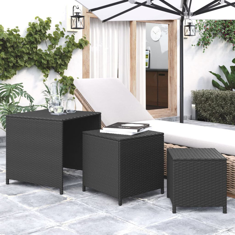 Set Of 3 Black Poly Rattan Nesting Tables - Versatile And Stylish For Living Room Or Patio