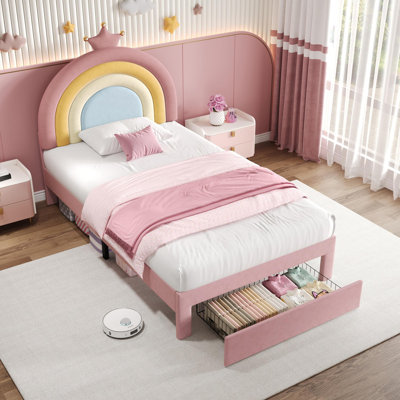 Upholstered Bed With Adjustable Headboard And 1 Drawer Velvet Pink
