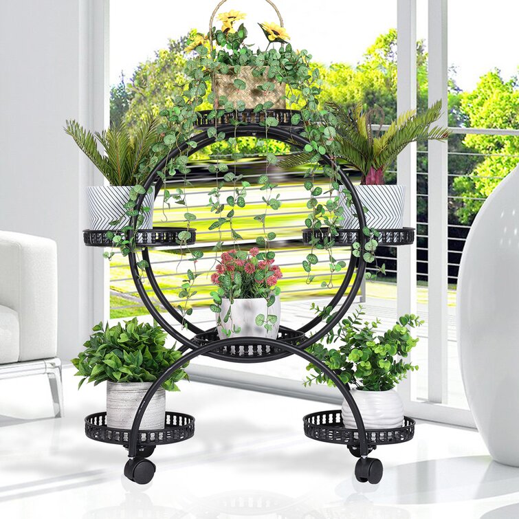 Rolling Round Multi Tier Plant Stand Metal Flower Display Rack Canora Grey