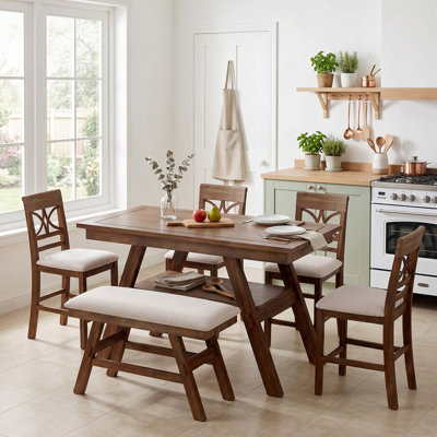 Ensemble de table de salle à manger 6 pièces à hauteur de comptoir en bois avec tablette de rangement, ensemble de table de cuisine avec banc et 4 chaises, style rustique