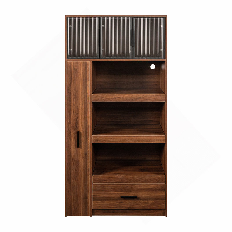 Armoire de cuisine de 70,87 po de hauteur avec tablette de rangement coulissante multi-fonctionnelle multi-niveaux, 1 tiroir, avec porte en verre à cadre en aluminium, cloche à nourriture autoportante avec support à micro-ondes pour salle à manger