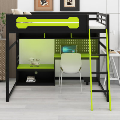 Lit mezzanine en bois avec bureau, tablettes, lumières DEL, ports USB et panneau perforé