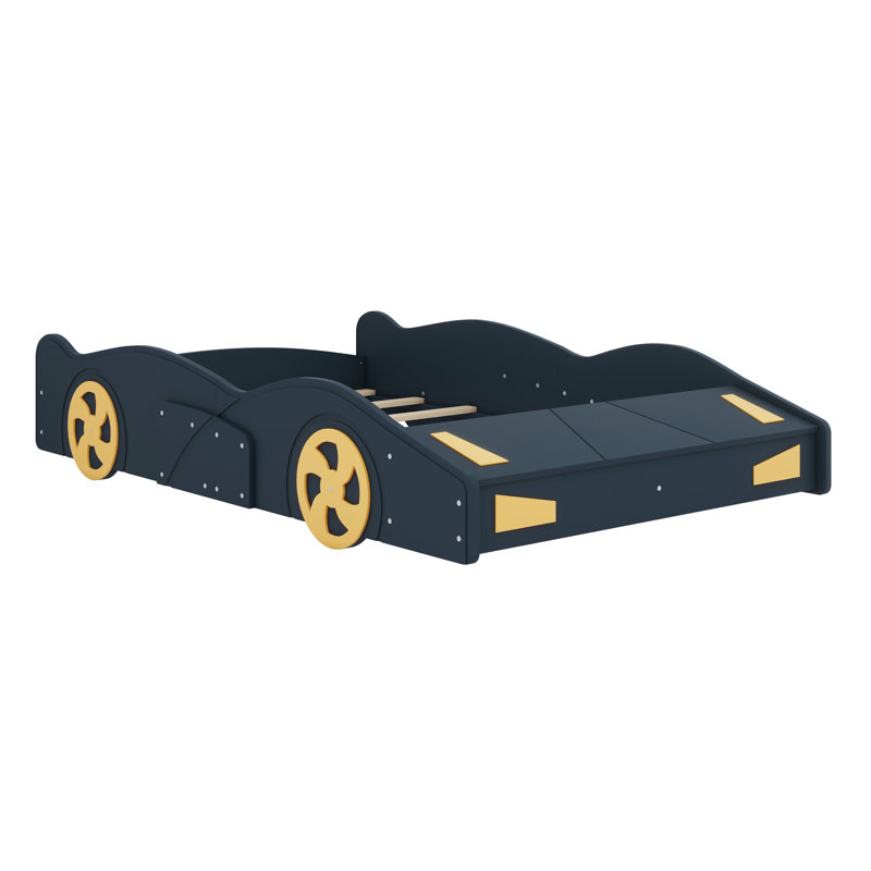 Lit plateforme de voiture de course en bois massif avec garde-corps, espace de rangement et roues, Lit double
