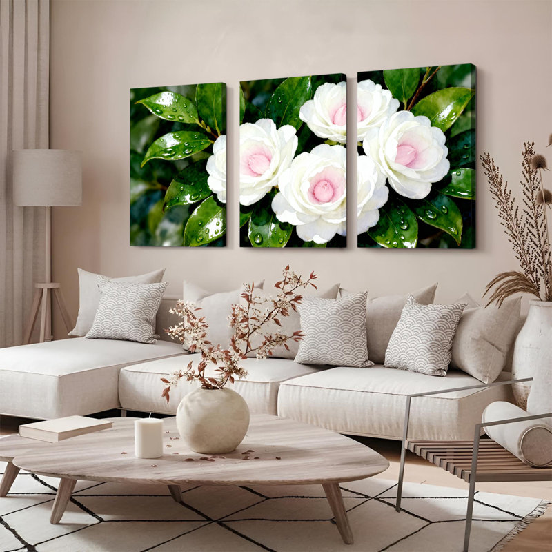 «White Camellia Flowers with Dew Drops», art mural tendu sur toile, ensemble floral (ensemble de 3), H 36 po x l 72 po