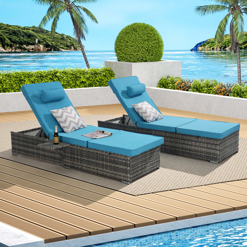Outdoor Chaise Lounge Chair Set Of 2 With Patio Pool Chairs Tanning Lounges For Outside,Beach Rattan Recliners With Adjustable Backrest,Cushion For Poolside Backyard Garden