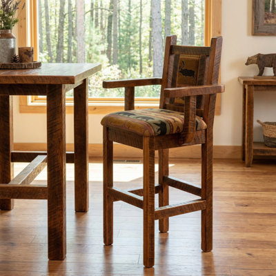 Fireside Lodge Barnwood Artisan Square Counter Stool with Back and Arms - Upholstered Seat and Back - Standard