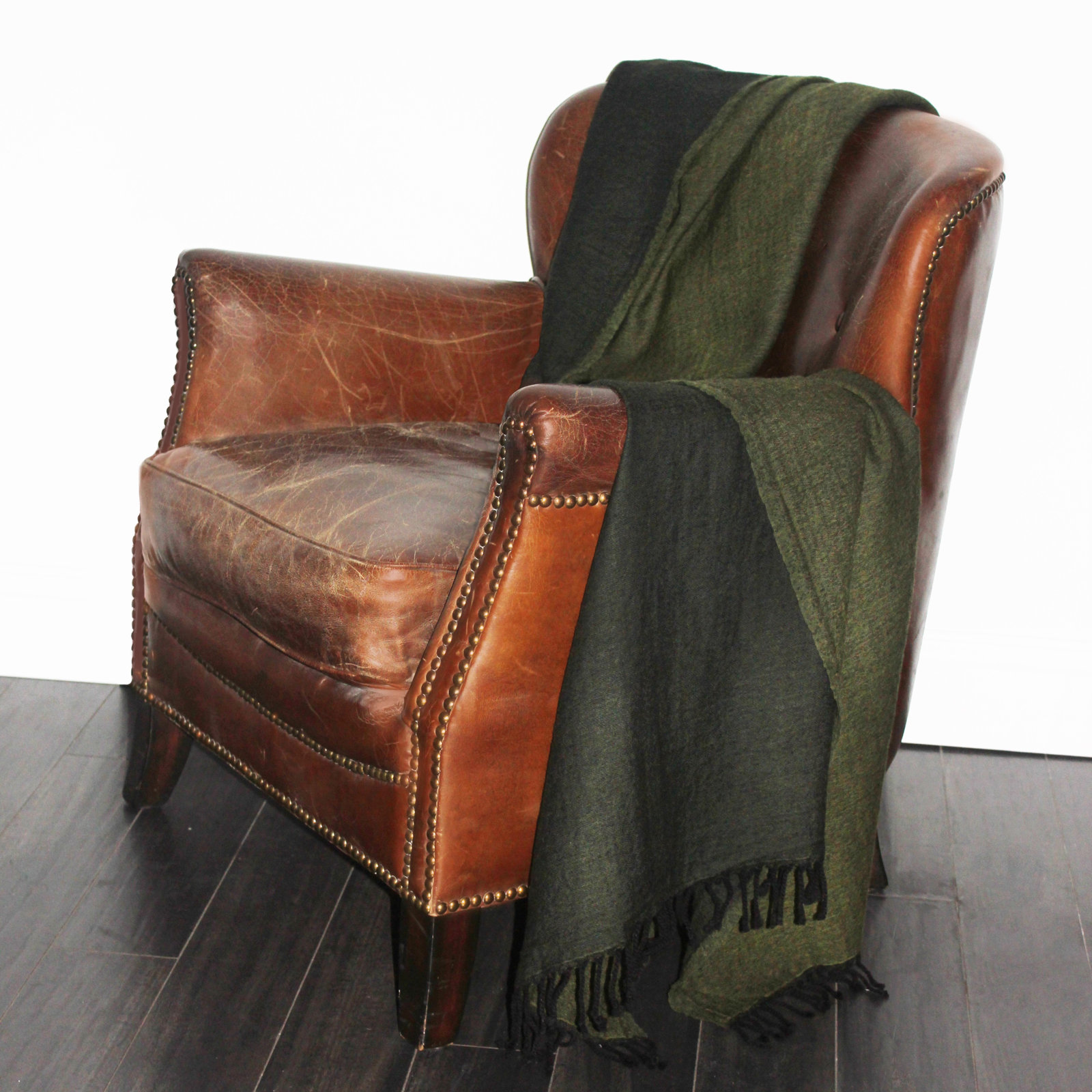 Cosette Reversible Wool Throw Blanket, Dark Green/Green