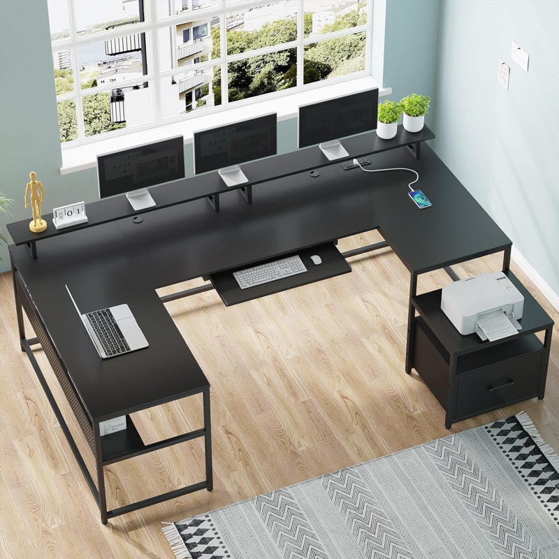 Keon Modular U-Shaped Computer Desk with Built-In Electrical Outlet, Black