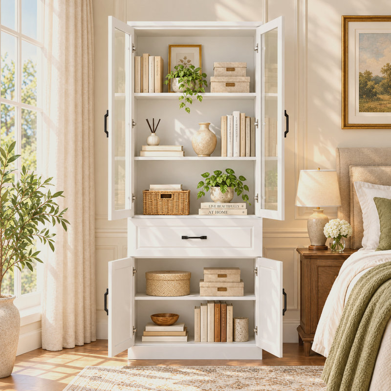 Bibliothèque de 80 cm de large avec portes en verre trempé, tiroir et rangement dissimulé