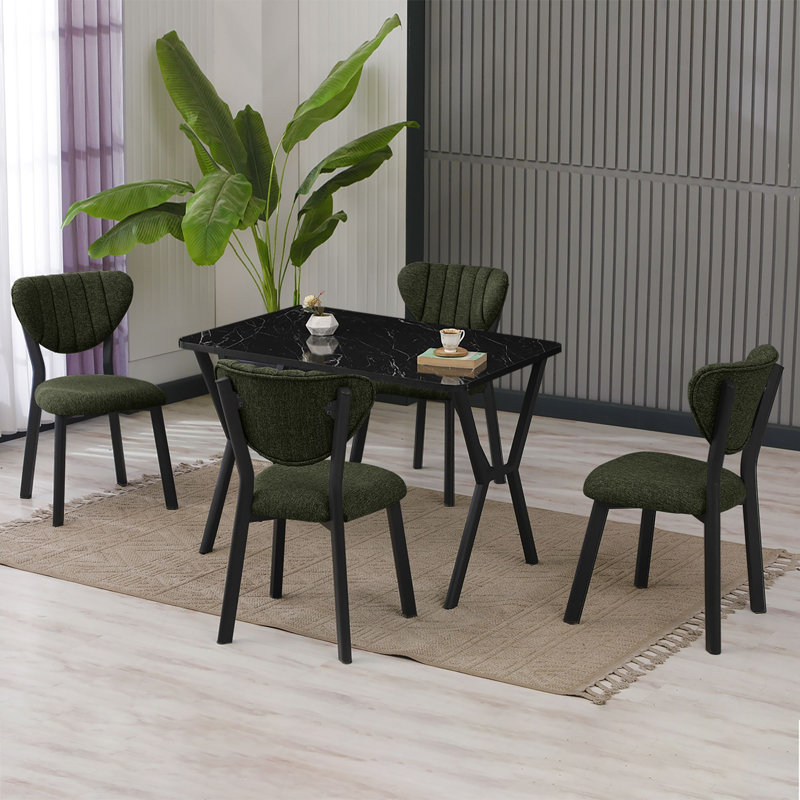 Ensemble de table et chaises de salle à manger extensible Modern (5 pièces), vert et noir | Panneau de particules 100% mélaminé, 43,3 po x 29,1 po x 29,1 po | Structure de chaise en métal, tissu en lin, assise confortable, parfaite pour les salles à manger et les rassemblements