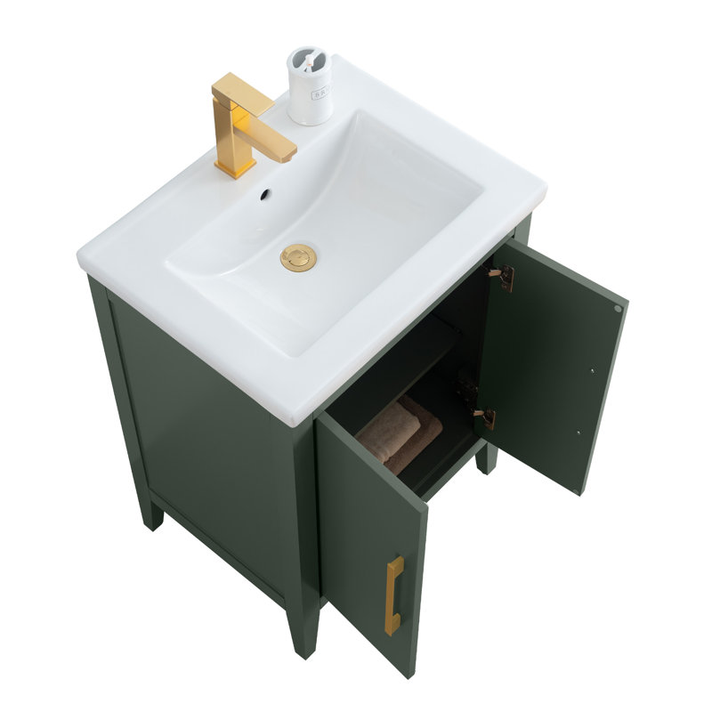 Meuble-lavabo simple 24 po avec plateau en céramique Chambery, Vert rétro, Doré brossé, H 34,25 po x l 24,4 po x P 18,5 po