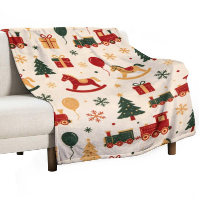 Christmas Trains Luxury Flannel Throw Blanket, Soft Warm Fuzzy Blanket for Living Room Sofa Bed Home Decor