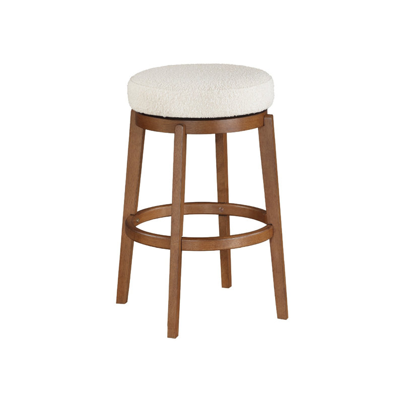 Lex Swivel Bar Stool, 31 Inch Backless, White Boucle Seat, Brown Legs, Bar Stool (30.5" Seat Height)