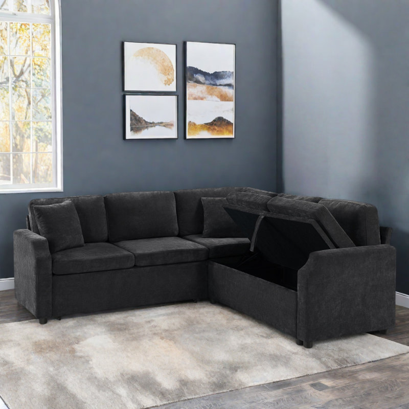 L-shaped Sectional Sofa With Hidden Storage Compartment, Black Chenille
