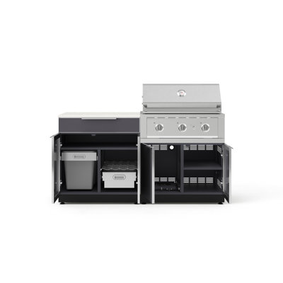Ensemble d'armoires 4 pièces pour l'extérieur en aluminium gris ardoise avec bar, gril, barbecue au propane liquide 33 po et plateau blanc 32 po Dekton
