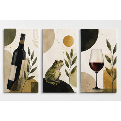 Grand ensemble de 3 reproductions d'art sur toile encadrées de vin de grenouille, décoration de cuisine et de salle à manger bohème moderne, reproduction d'art rétro sur toile pour bar 16 x 24 po - prête à être accrochée