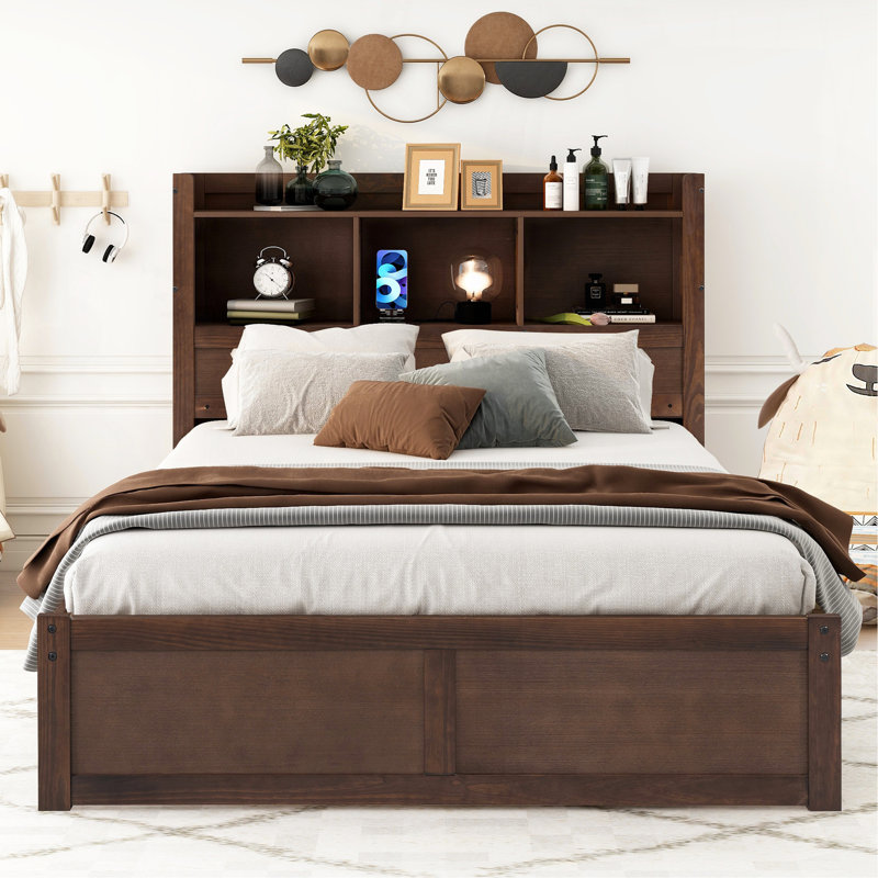 Lit plateforme double avec tablettes coulissantes, Espresso
