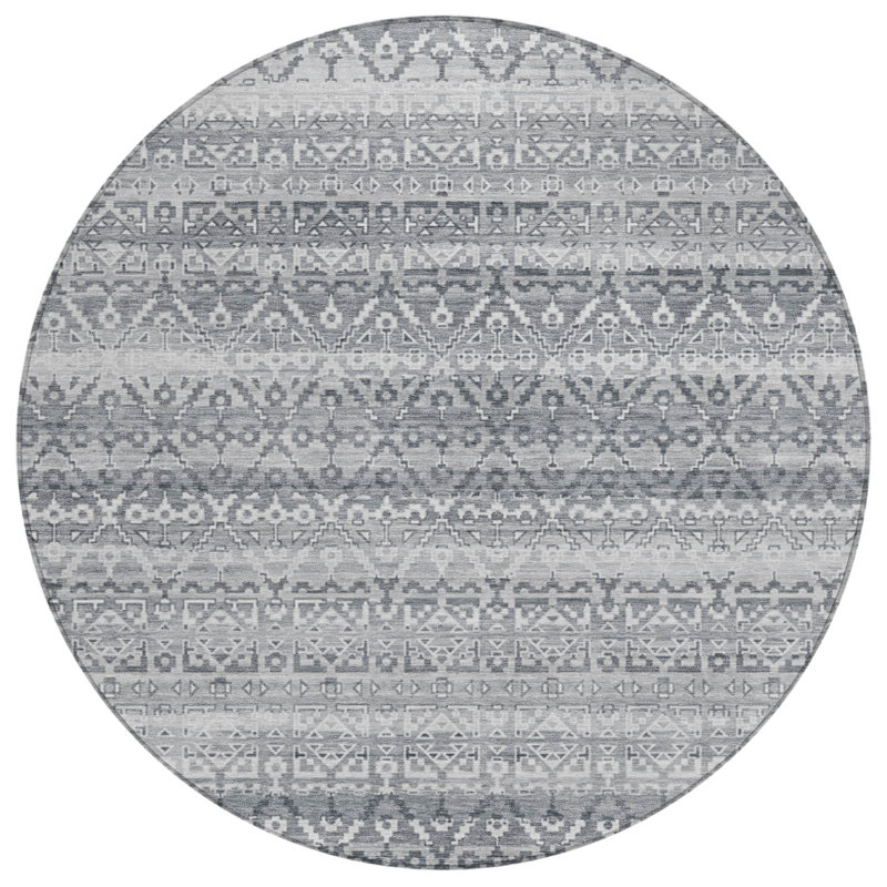Machine Washable Indoor/Outdoor Xhevrie Gray Rug, Round 8'
