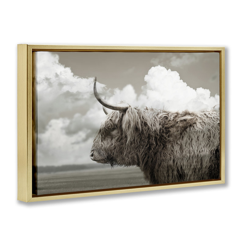 Longhorn Cattle & Clouds View, Metallic Gold Floater Frame, 21" H x 31" W