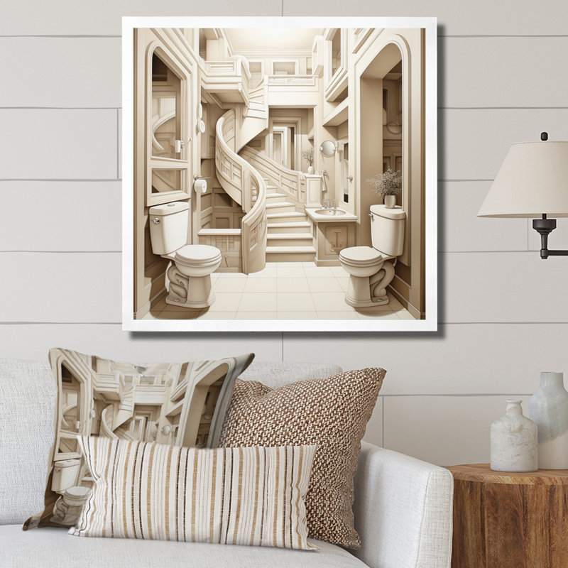 Beige Toilet Minimalist II - Bath & Laundry Canvas Print, Cadre photo blanc, H 30 po x l 30 po x P 1 po