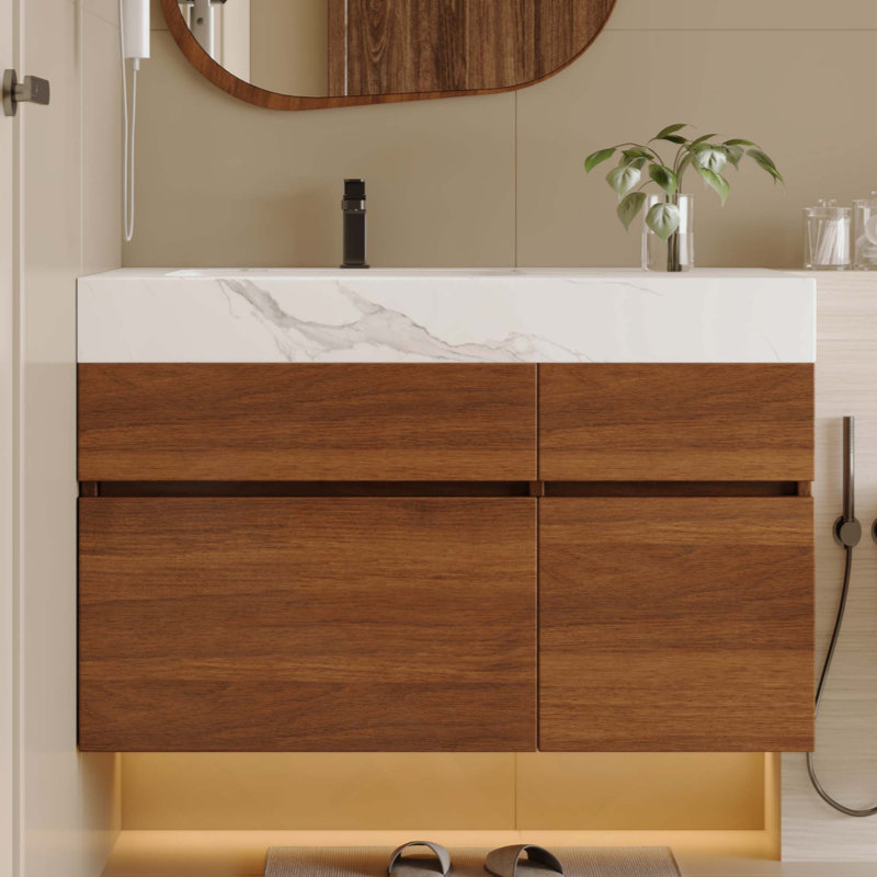 Meuble-lavabo flottant moderne avec plateau en pierre frittée sans soudure et lavabo en céramique
