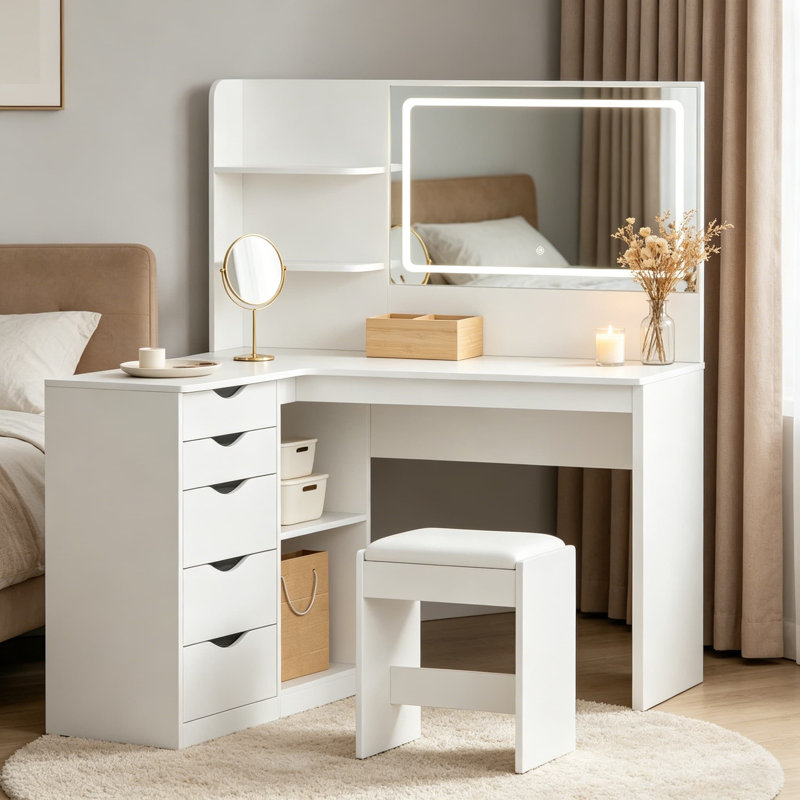L-Shaped Makeup Vanity Desk With LED Mirror And Lights, Modern Vanity Table With 5 Drawers And Adjustable Shelves, Power Outlet With Fast Charging USB-C, For Bedroom