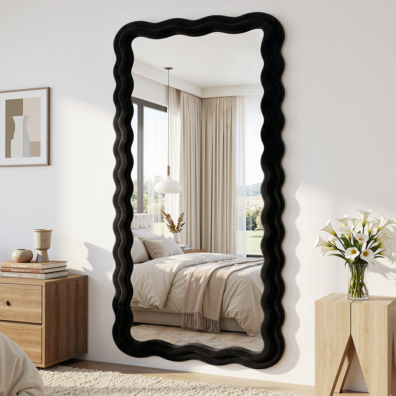Irregular Wavy Full Length Mirror with Flannel Wrapped Frame, 78" x 38", Black