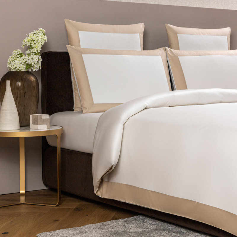Bold Sateen Duvet Cover, Milk/Savage Beige, Queen Duvet Cover