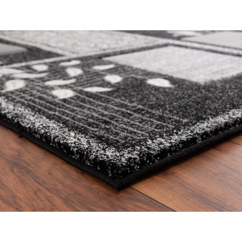 Floral gris foncé/noir/bleu Tapis décoratif, Rectangle 8 pi 7 po x 11 pi 11 po