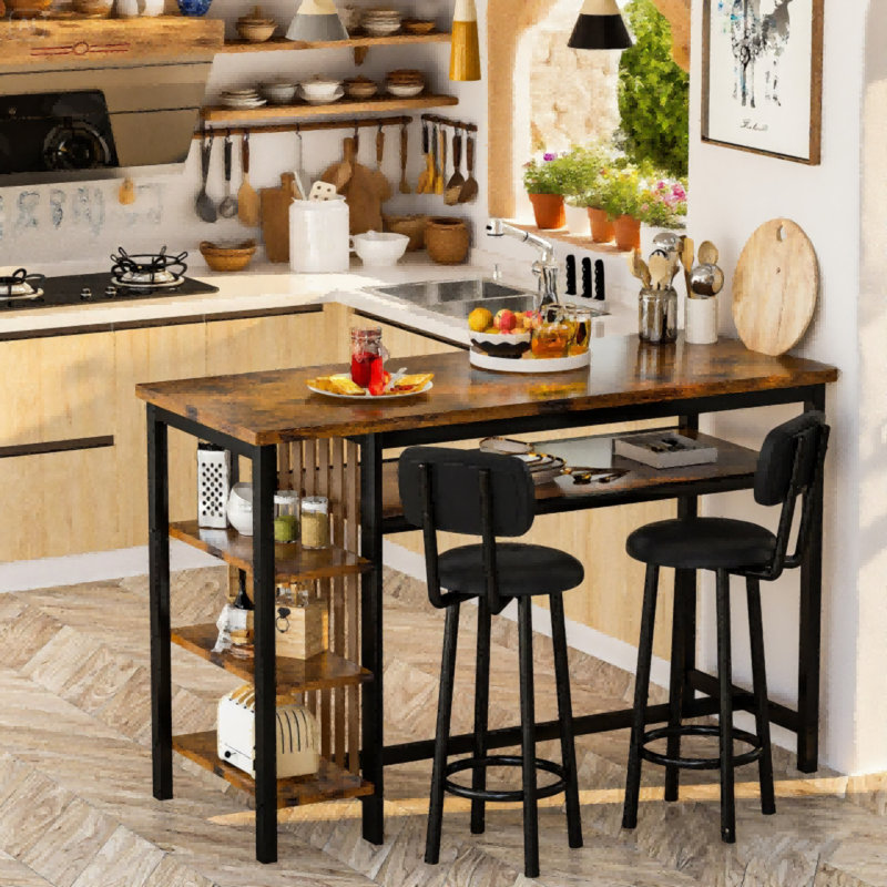 Bar Table Set For 2 With 4 Storage Shelves, 47" Industrial Breakfast Table And 2 Upholstered  Counter Stools W/ Backrest And Footrest, 3-Piece Dining Set For 2, Space Saving Bar Height Table And Chairs For Kitchen,Dining Room, Living Room, Studio, Pub
