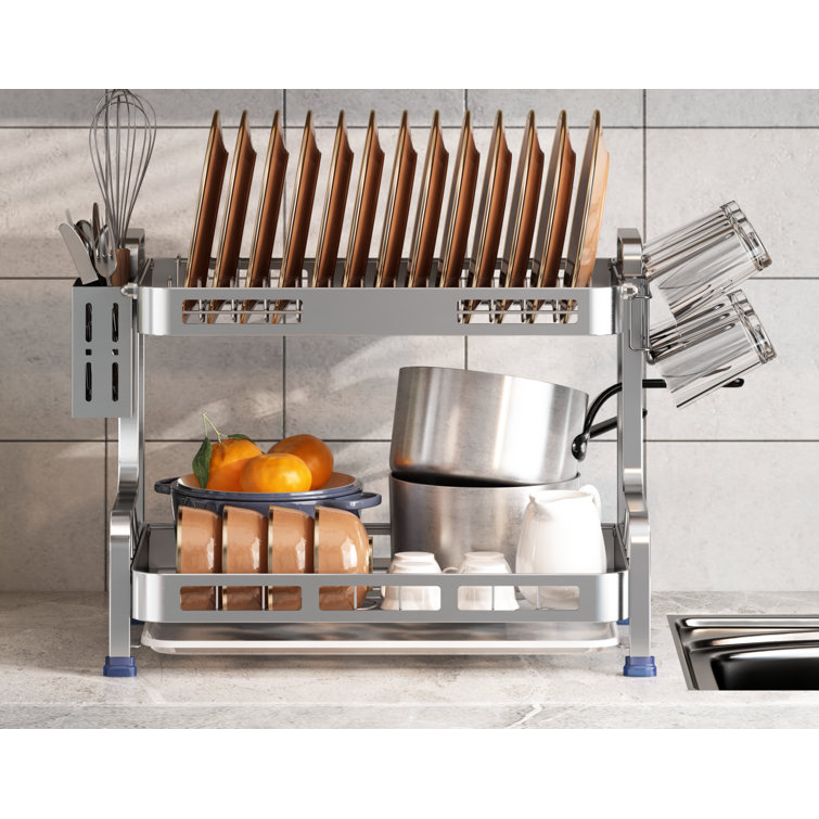 BOOSINY Over Sink Dish Drainer Drying Rack,Adjustable (25.5-35.5) 3 Tier  Large Dish Racks for Kitchen Storage Counter Organizer,Full 304 Stainless