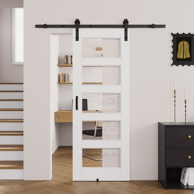 Porte de grange coulissante en verre transparent blanc apprêté 5-Lite avec trousse de quincaillerie d'installation / aucun assemblage requis
