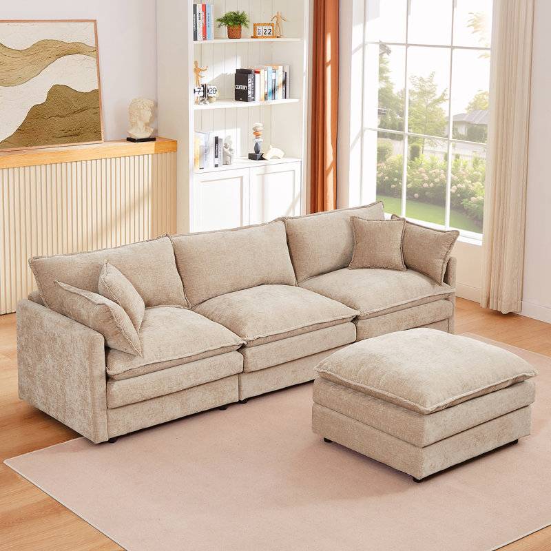 Canapé modulaire en L en chenille avec repose-pieds mobile, Chenille café