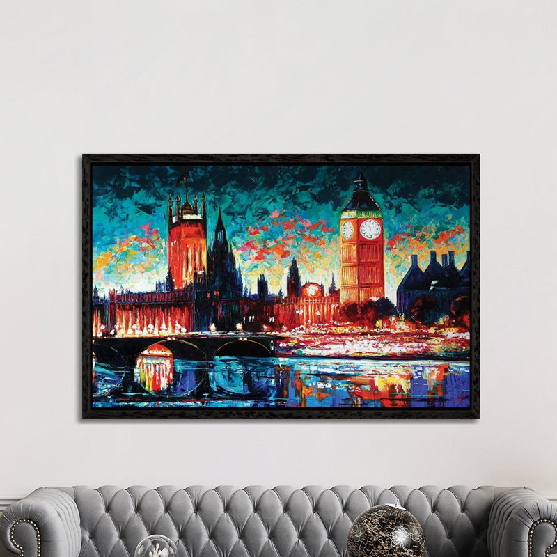 Big Ben And Houses Of Parliament by Natasha Mylius - Painting on Canvas, Black Framed, 101.6cm H x 152.4cm W x 3.81cm D