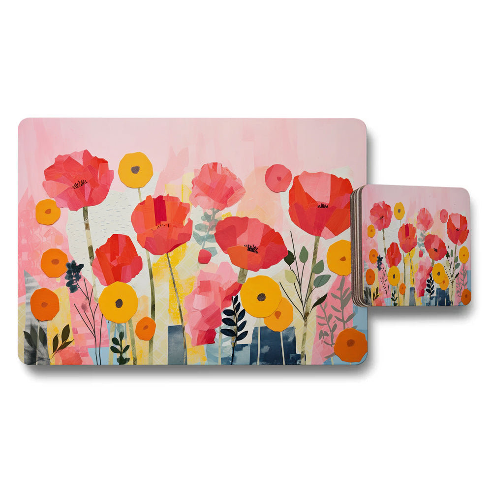 Floral Pink Poppy Placemat and Coaster Set with Vibrant Flowers